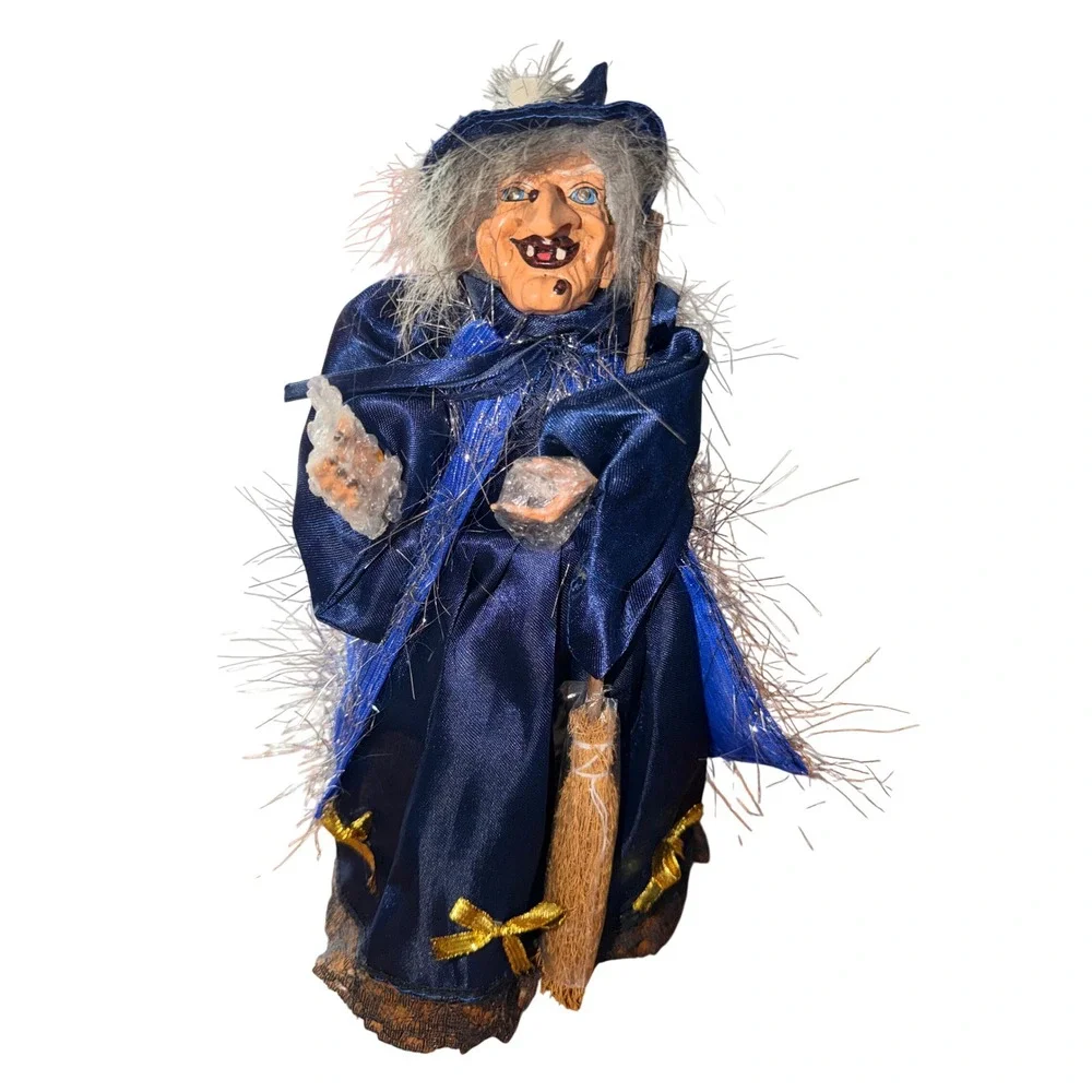 Gothic Halloween Decor Hanging Witch Blue Satin Dress Broom 12.5